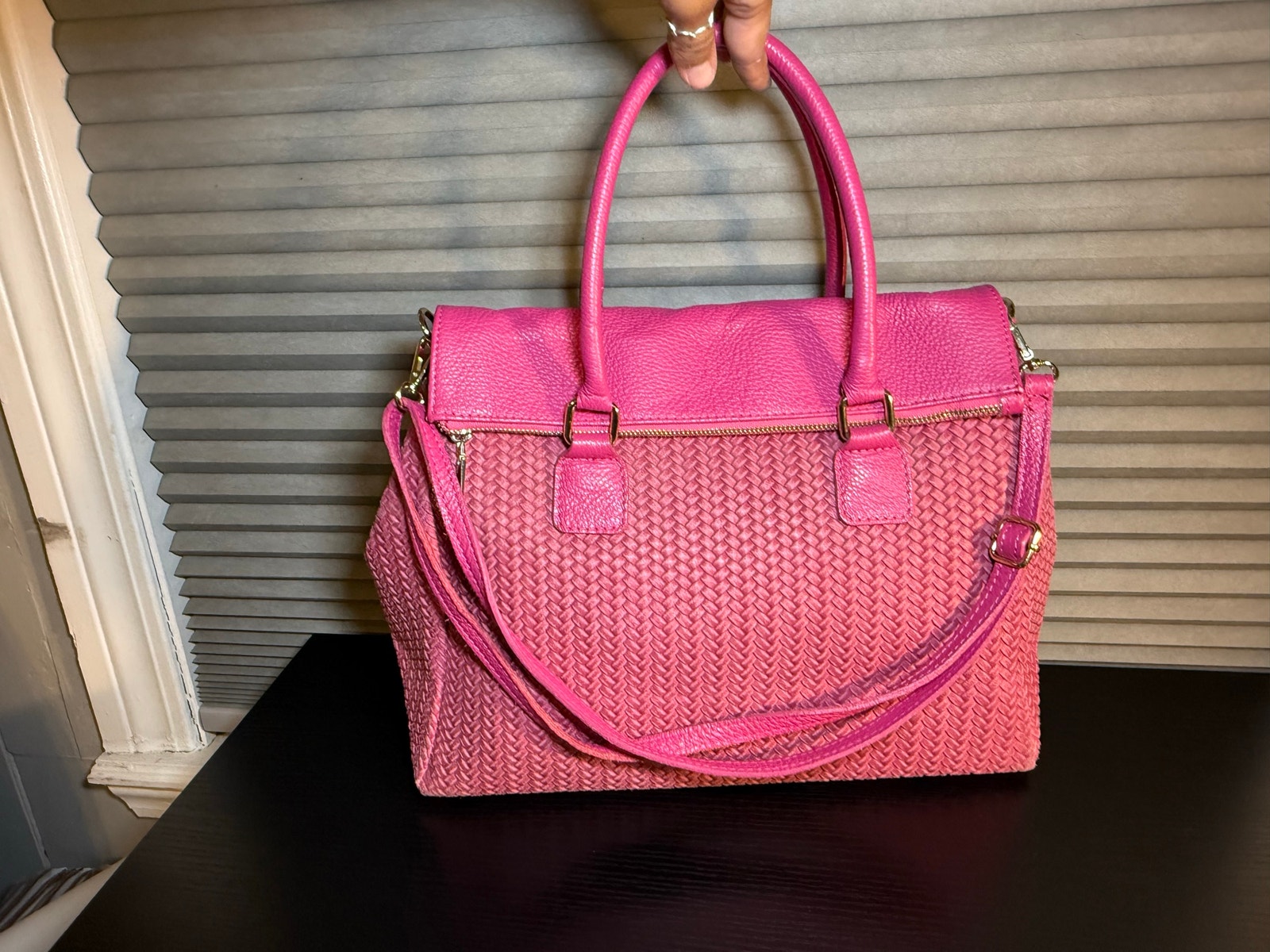 Italian Vera Pelle Pink Woven Leather Satchel Crossbody Bag Made In Italy